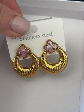 Gold Hoop Earrings with Pink Clover Accent - Stainless Steel